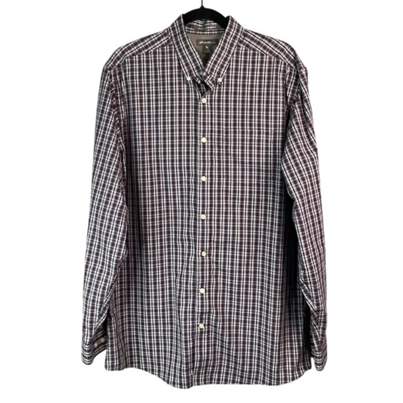 Eddie Bauer Mens Wrinkle Free Relaxed Fit Button Down Shirt Burgundy Plaid LTall - Picture 2 of 13